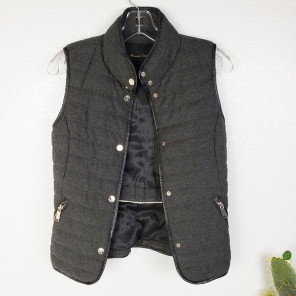 Massimo Dutti Puffer Vest Snap Buttons size XS Black/ Gray Leather Trim - Picture 2 of 15